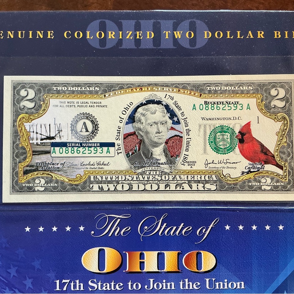 OHIO genuine colorized $2 bill - Picture 2 of 3